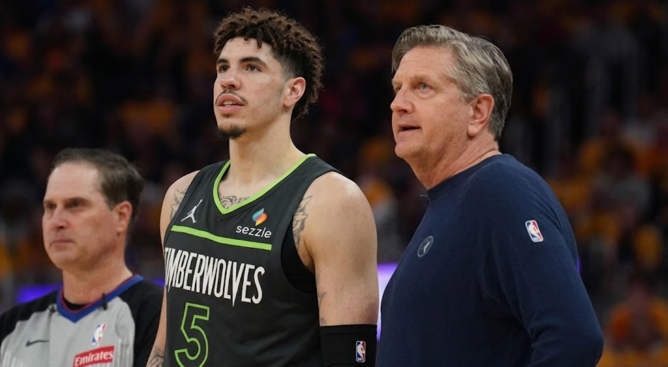 Chris Finch and LaMelo Ball with the Minnesota Timberwolves