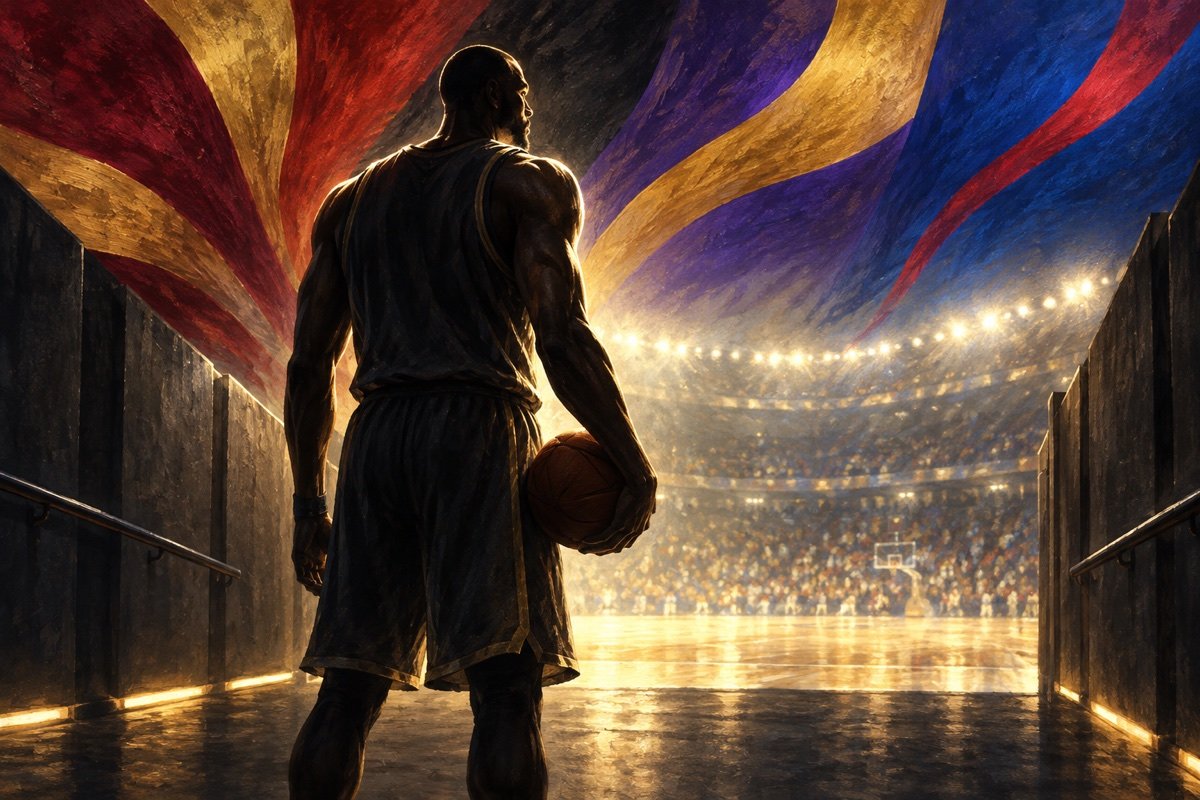 Illustrated basketball legend entering an arena through a four-era career backdrop
