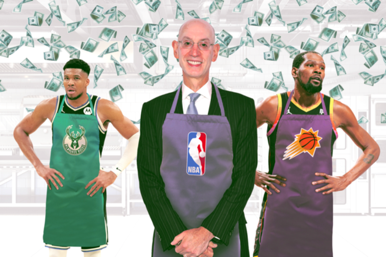 NBA Commissioner Adam Silver between Giannis Antetokounmpo and Kevin Durant with money falling in the background